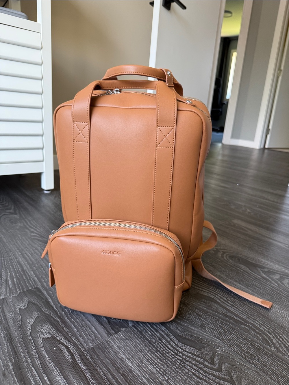 Minimalist Tan Leather Backpack with Removable Front Pouch